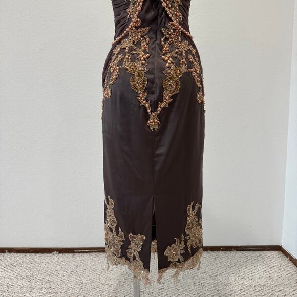 Mandalay Y2K Taupe Midi Dress with peach pearl beads, lace, sequence, sz 8 - Picture 5 of 12